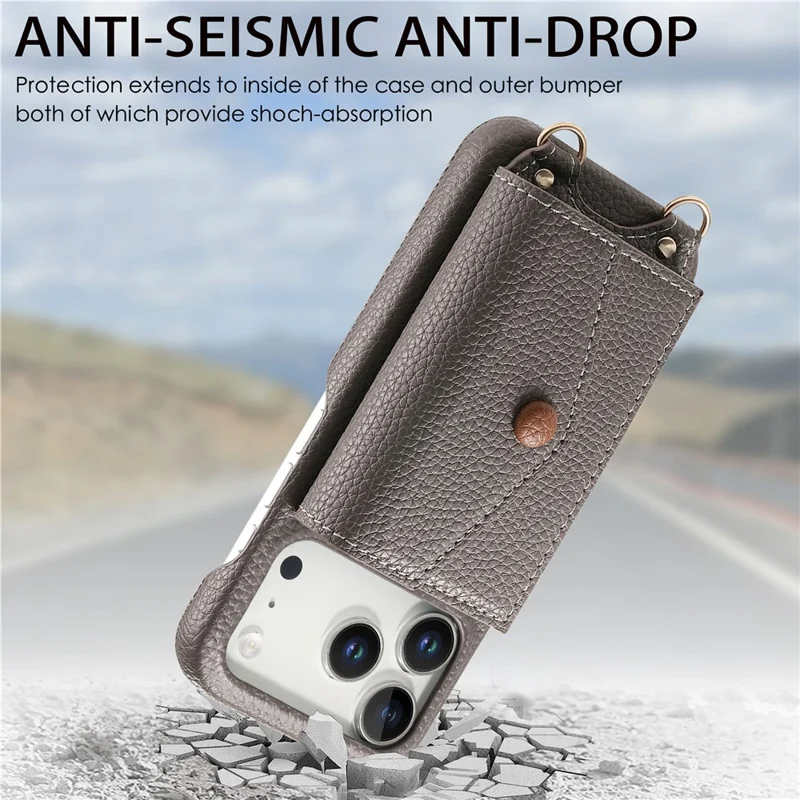 For iPhone 17 Pro Max Case Card Holder Kickstand PU Leather + PC Phone Cover with Mirror and Crossbody Lanyard - Grey