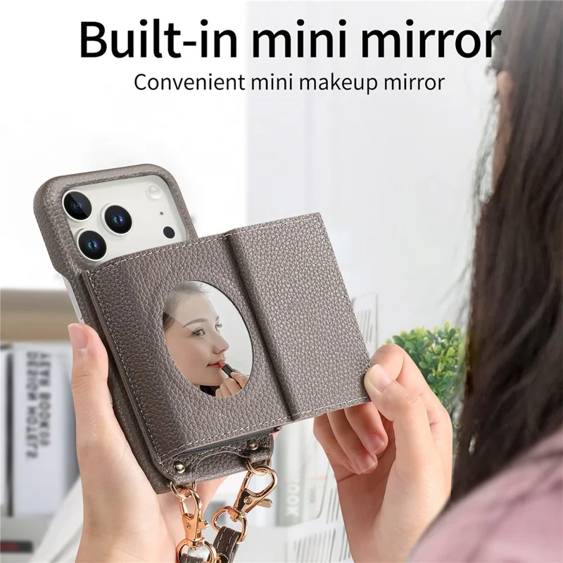 For iPhone 17 Pro Max Case Card Holder Kickstand PU Leather + PC Phone Cover with Mirror and Crossbody Lanyard - Grey
