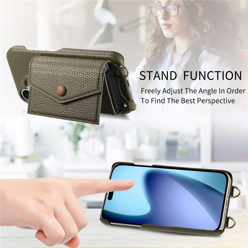 For iPhone 17 Pro Case Card Holder Kickstand PU Leather + PC Phone Cover with Mirror and Crossbody Lanyard - Midnight Green
