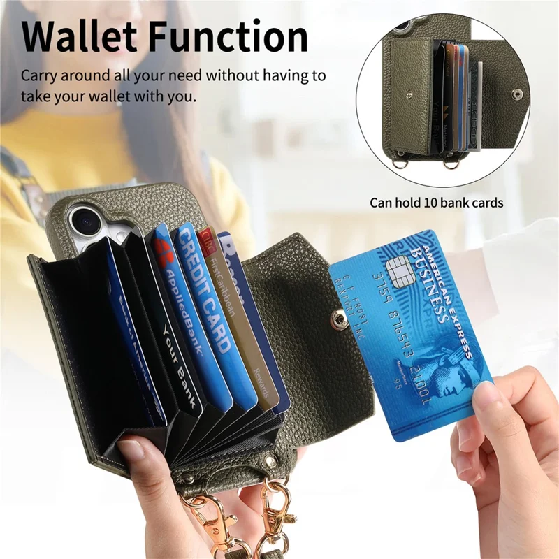 For iPhone 17 Pro Case Card Holder Kickstand PU Leather + PC Phone Cover with Mirror and Crossbody Lanyard - Midnight Green