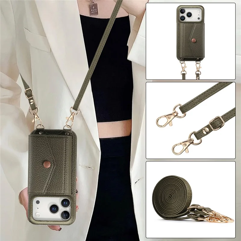 For iPhone 17 Pro Case Card Holder Kickstand PU Leather + PC Phone Cover with Mirror and Crossbody Lanyard - Midnight Green