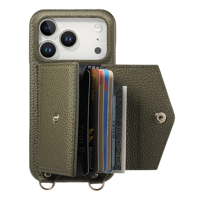 For iPhone 17 Pro Case Card Holder Kickstand PU Leather + PC Phone Cover with Mirror and Crossbody Lanyard - Midnight Green