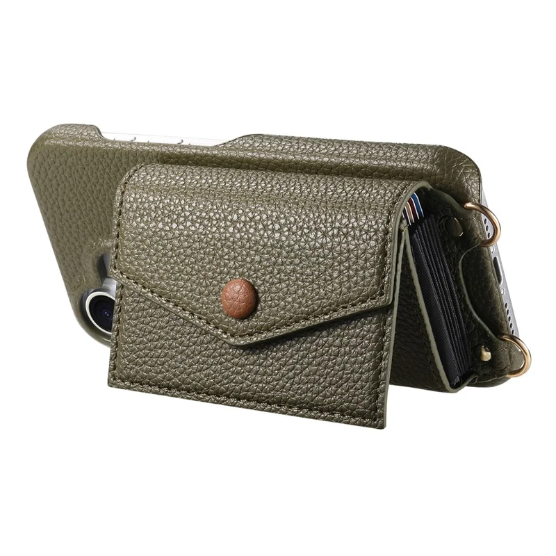 For iPhone 17 Pro Case Card Holder Kickstand PU Leather + PC Phone Cover with Mirror and Crossbody Lanyard - Midnight Green