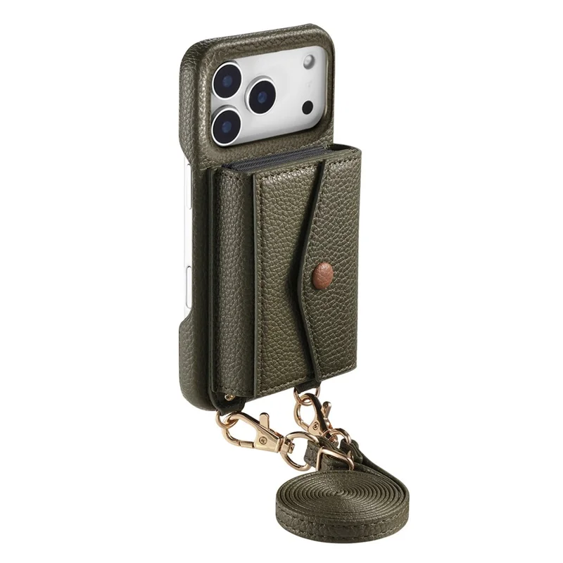 For iPhone 17 Pro Case Card Holder Kickstand PU Leather + PC Phone Cover with Mirror and Crossbody Lanyard - Midnight Green