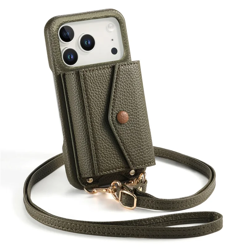 For iPhone 17 Pro Case Card Holder Kickstand PU Leather + PC Phone Cover with Mirror and Crossbody Lanyard - Midnight Green