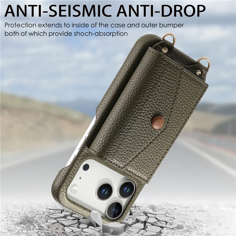 For iPhone 17 Pro Case Card Holder Kickstand PU Leather + PC Phone Cover with Mirror and Crossbody Lanyard - Midnight Green