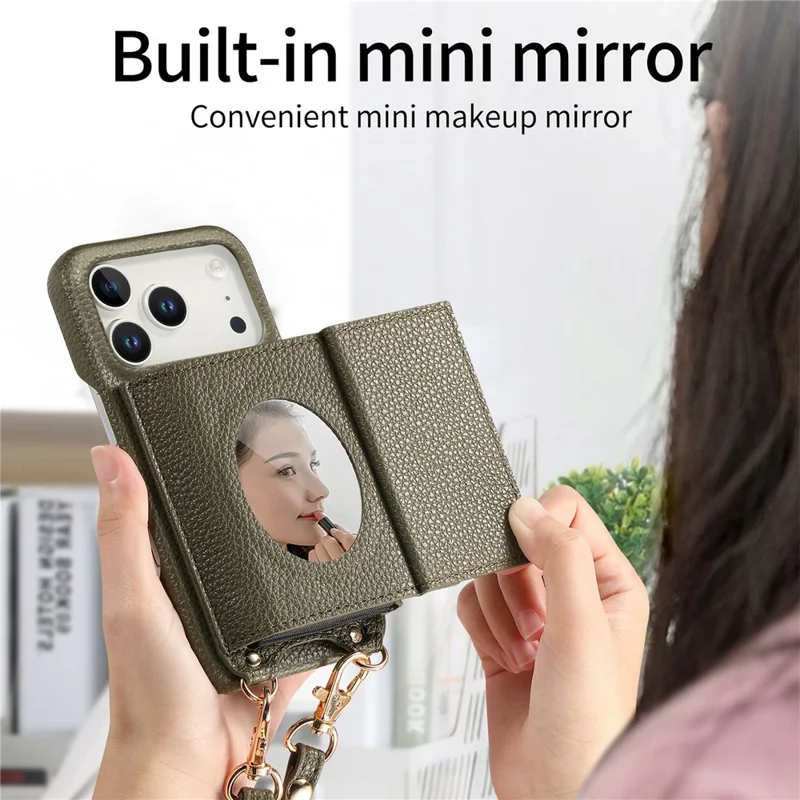 For iPhone 17 Pro Case Card Holder Kickstand PU Leather + PC Phone Cover with Mirror and Crossbody Lanyard - Midnight Green