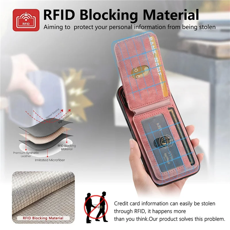 For iPhone 17 Pro Max Magnetic Case Leather Back Cover with Detachable Card Holder Kickstand - Pink