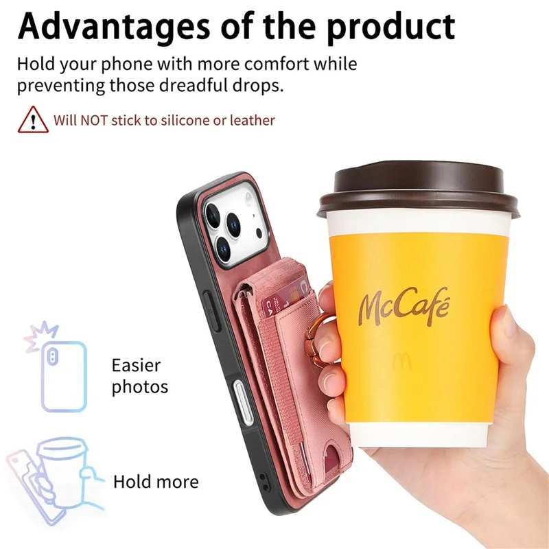 For iPhone 17 Pro Max Magnetic Case Leather Back Cover with Detachable Card Holder Kickstand - Pink