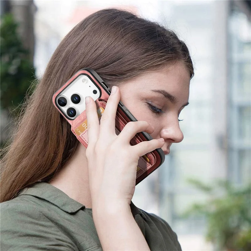 For iPhone 17 Pro Max Magnetic Case Leather Back Cover with Detachable Card Holder Kickstand - Pink