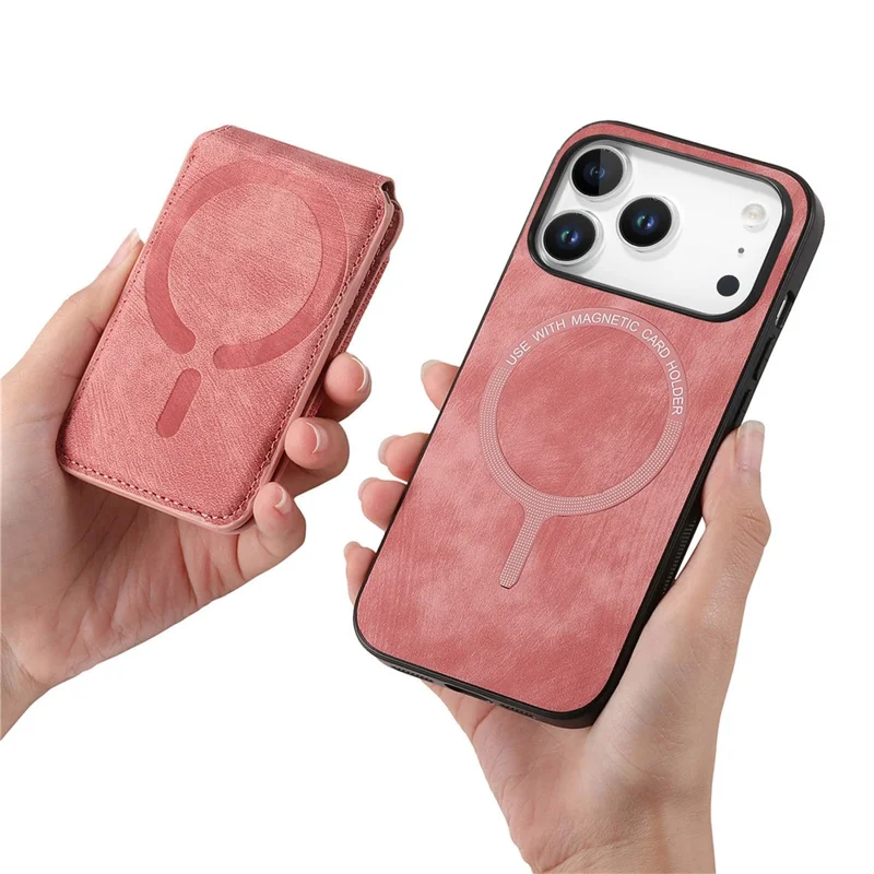 For iPhone 17 Pro Max Magnetic Case Leather Back Cover with Detachable Card Holder Kickstand - Pink