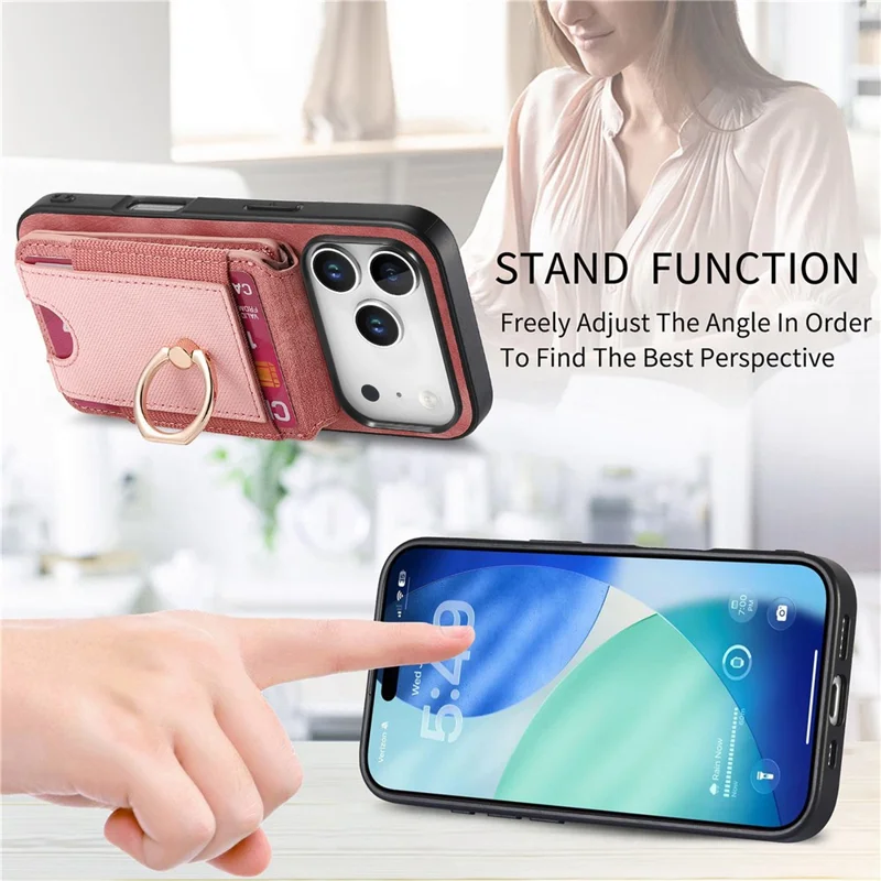 For iPhone 17 Pro Max Magnetic Case Leather Back Cover with Detachable Card Holder Kickstand - Pink