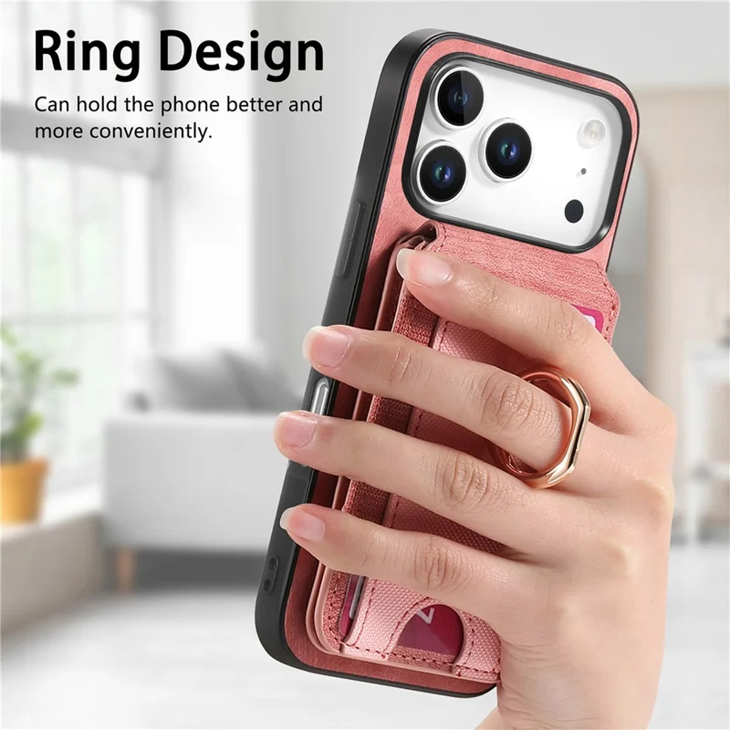 For iPhone 17 Pro Max Magnetic Case Leather Back Cover with Detachable Card Holder Kickstand - Pink