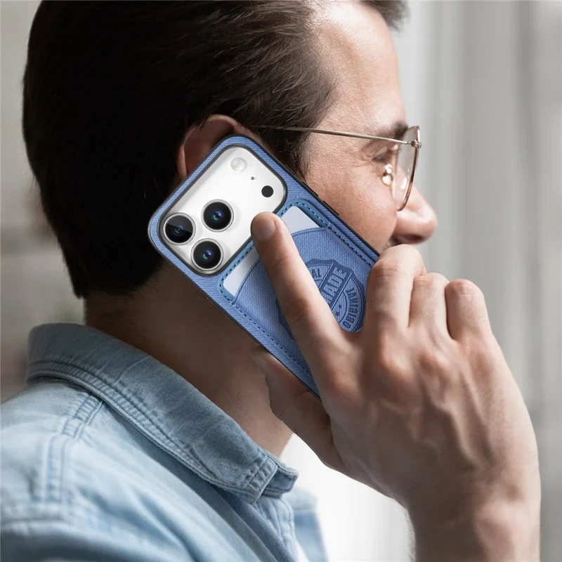 Für iPhone 17 Pro Hülle, Twill-Struktur-Leder-PC-TPU-Handyhülle mit abnehmbarem magnetischem Kartenhalter – Blau
