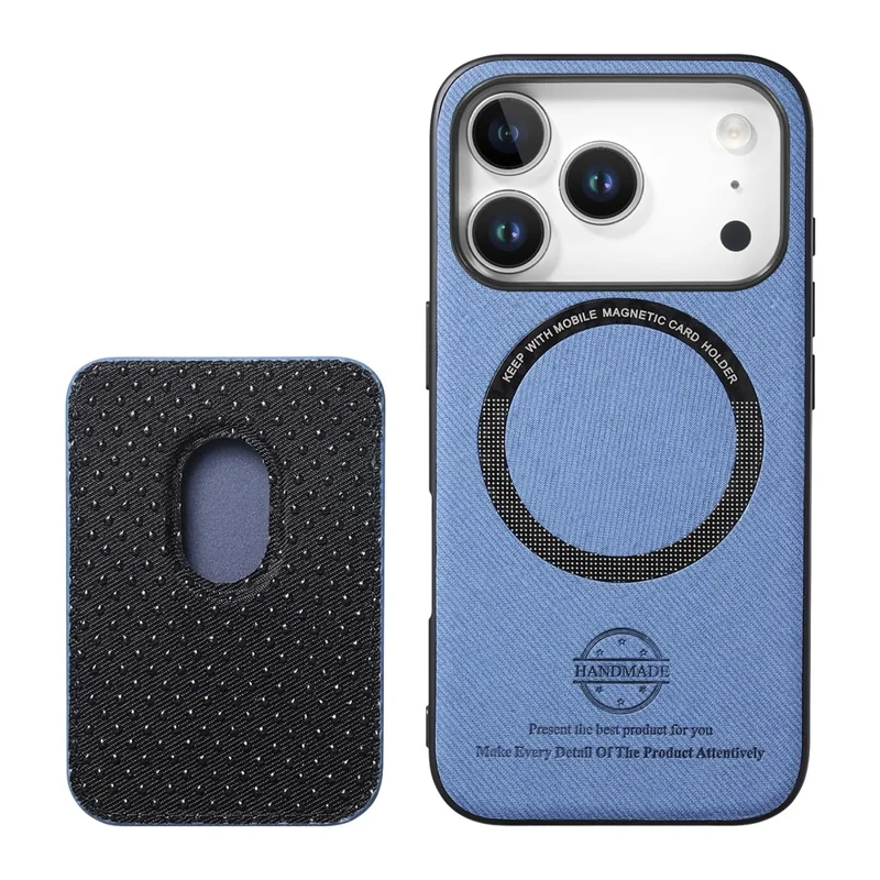 Für iPhone 17 Pro Hülle, Twill-Struktur-Leder-PC-TPU-Handyhülle mit abnehmbarem magnetischem Kartenhalter – Blau