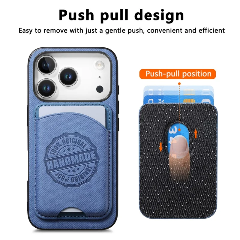 Für iPhone 17 Pro Hülle, Twill-Struktur-Leder-PC-TPU-Handyhülle mit abnehmbarem magnetischem Kartenhalter – Blau