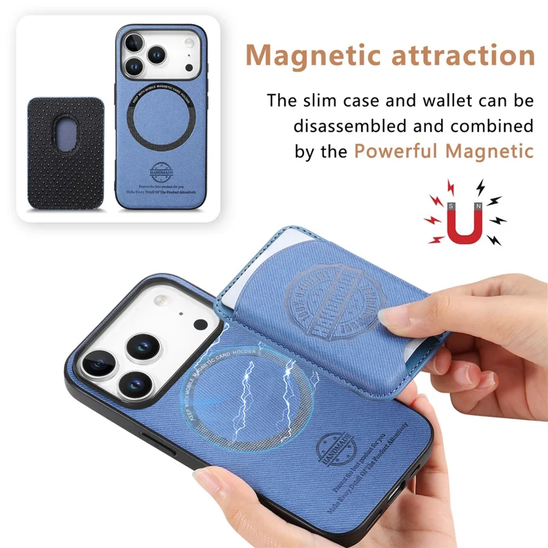 Für iPhone 17 Pro Hülle, Twill-Struktur-Leder-PC-TPU-Handyhülle mit abnehmbarem magnetischem Kartenhalter – Blau