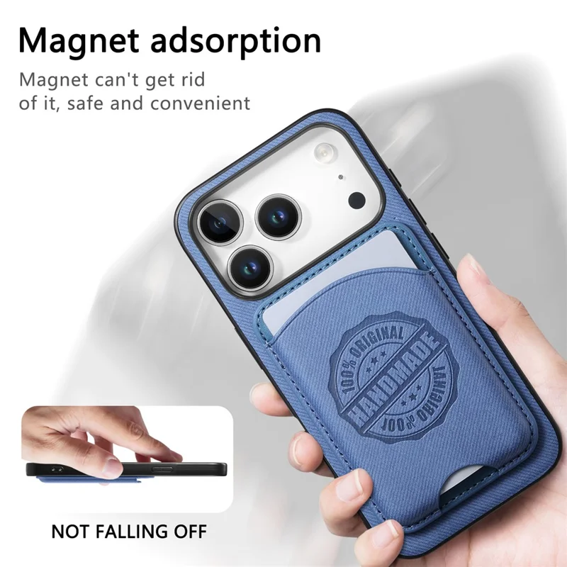 Für iPhone 17 Pro Hülle, Twill-Struktur-Leder-PC-TPU-Handyhülle mit abnehmbarem magnetischem Kartenhalter – Blau