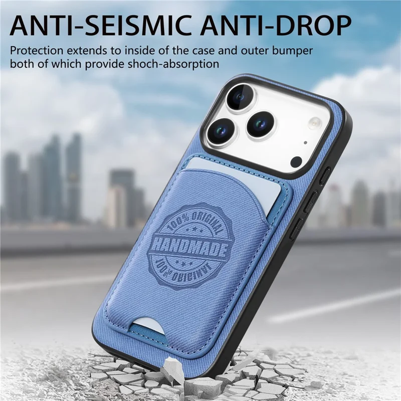 Für iPhone 17 Pro Hülle, Twill-Struktur-Leder-PC-TPU-Handyhülle mit abnehmbarem magnetischem Kartenhalter – Blau