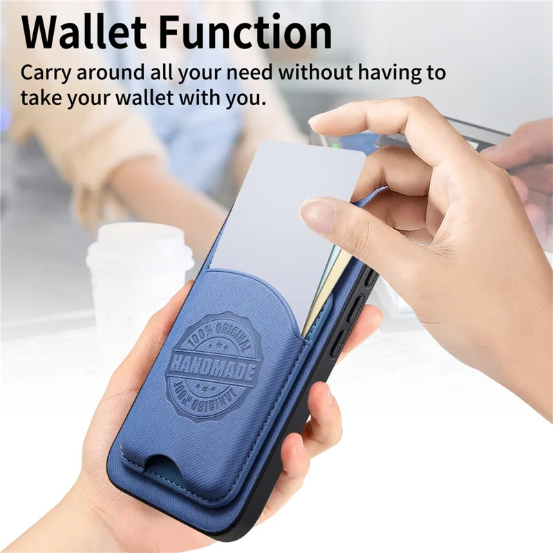 Für iPhone 17 Pro Hülle, Twill-Struktur-Leder-PC-TPU-Handyhülle mit abnehmbarem magnetischem Kartenhalter – Blau