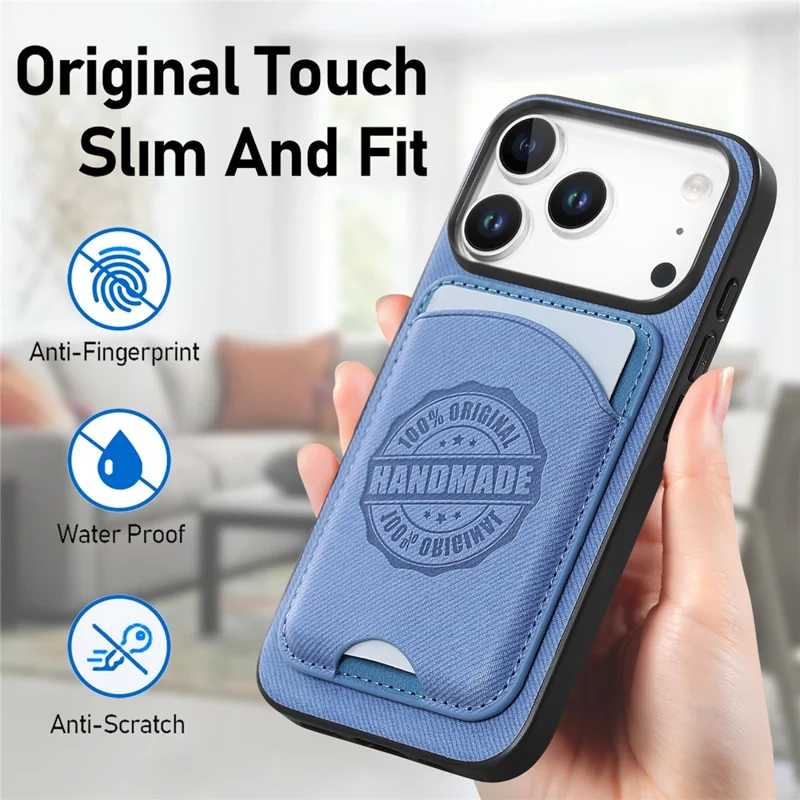 Für iPhone 17 Pro Hülle, Twill-Struktur-Leder-PC-TPU-Handyhülle mit abnehmbarem magnetischem Kartenhalter – Blau
