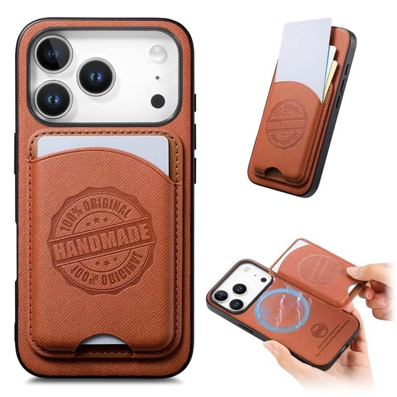 Für iPhone 17 Pro Max Hülle Twill-Textur Leder PC TPU Handyhülle mit abnehmbarem magnetischem Kartenhalter - Braun