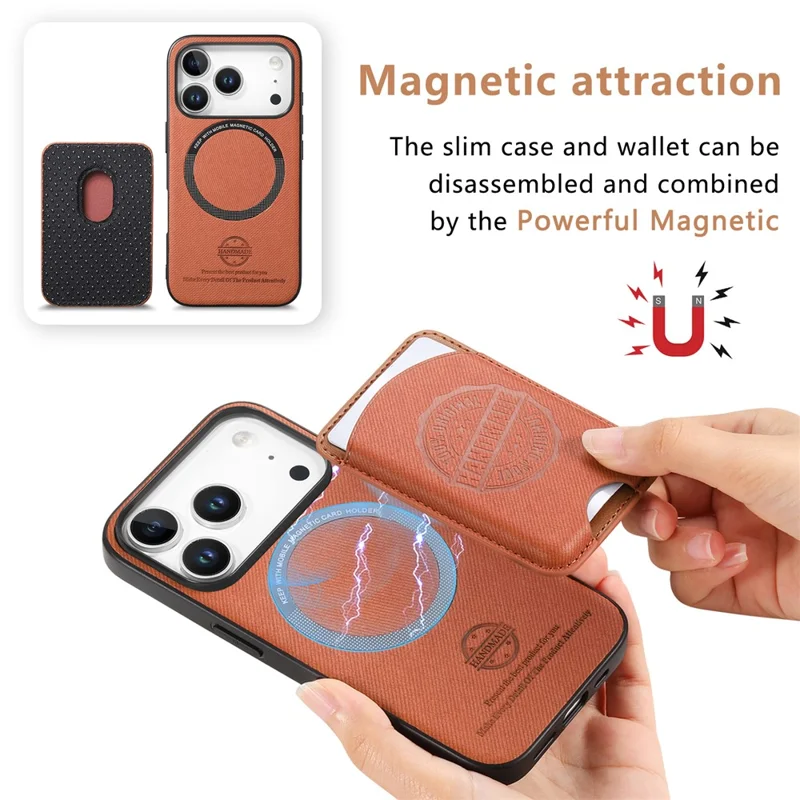 Für iPhone 17 Pro Max Hülle Twill-Textur Leder PC TPU Handyhülle mit abnehmbarem magnetischem Kartenhalter - Braun