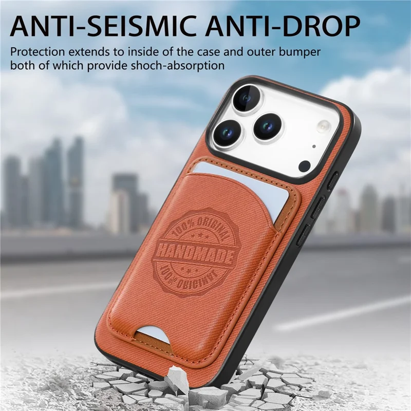 Für iPhone 17 Pro Max Hülle Twill-Textur Leder PC TPU Handyhülle mit abnehmbarem magnetischem Kartenhalter - Braun