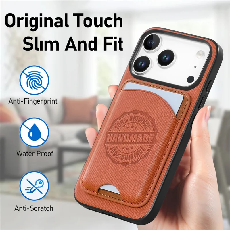 Für iPhone 17 Pro Max Hülle Twill-Textur Leder PC TPU Handyhülle mit abnehmbarem magnetischem Kartenhalter - Braun