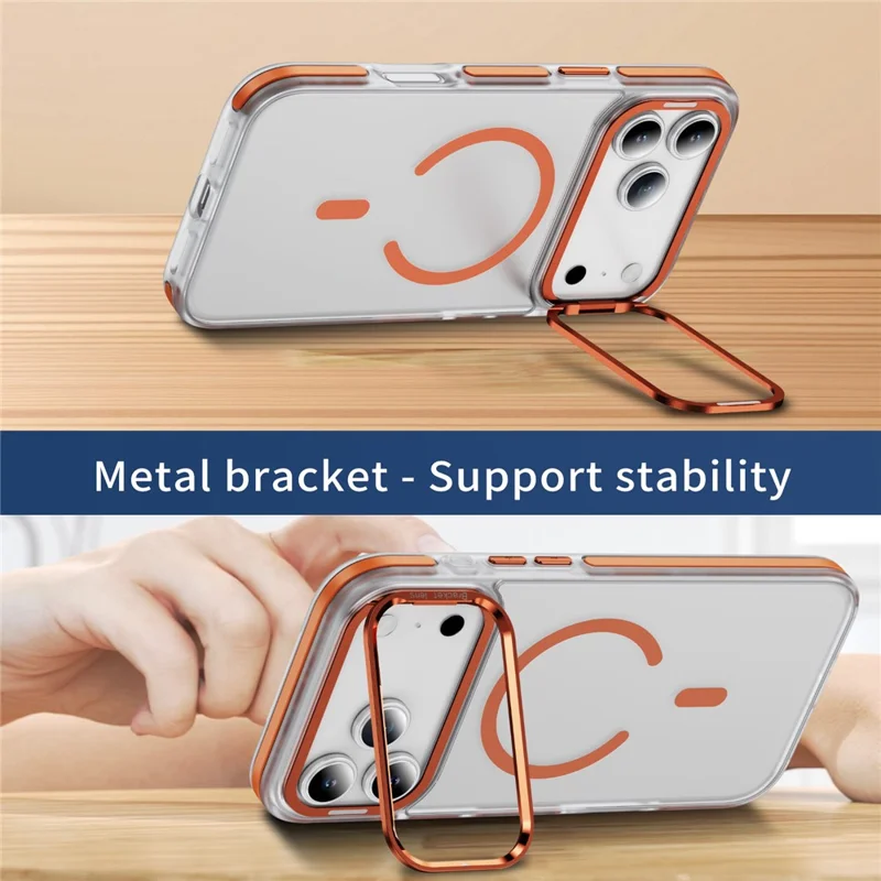 Cover per iPhone 17 Pro Max Compatibile con MagSafe con Telaio Metallico per Obiettivo, Supporto Integrato, Tocco Morbido in Acrilico e TPU - Arancione