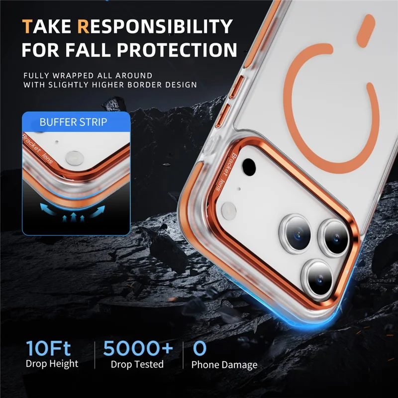 Cover per iPhone 17 Pro Max Compatibile con MagSafe con Telaio Metallico per Obiettivo, Supporto Integrato, Tocco Morbido in Acrilico e TPU - Arancione
