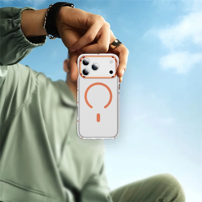 Cover per iPhone 17 Pro Max Compatibile con MagSafe con Telaio Metallico per Obiettivo, Supporto Integrato, Tocco Morbido in Acrilico e TPU - Arancione