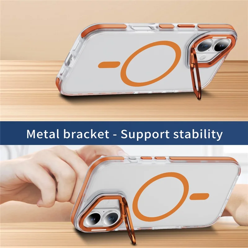 Coque pour iPhone 17 Compatible avec MagSafe Cadre métallique d'objectif Support intégré Toucher doux comme la peau Coque en acrylique TPU - Orange