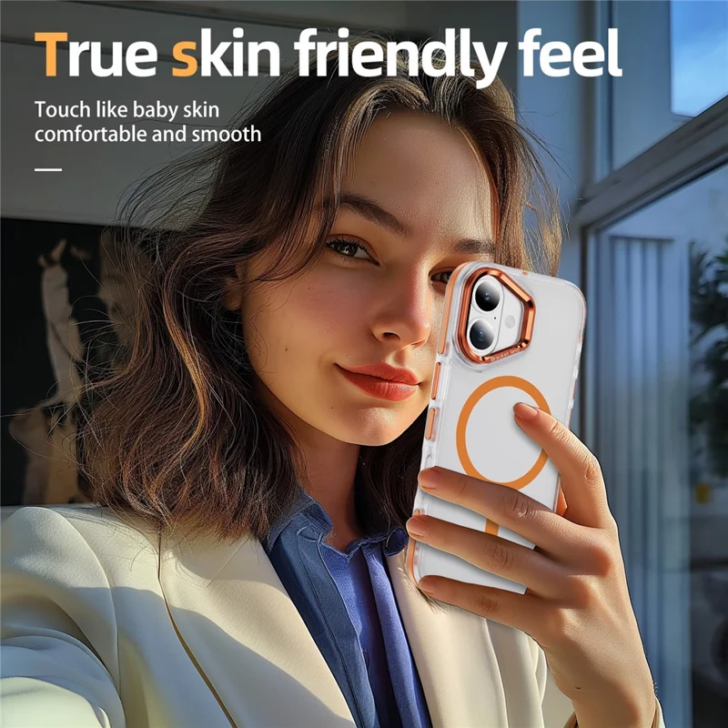 Coque pour iPhone 17 Compatible avec MagSafe Cadre métallique d'objectif Support intégré Toucher doux comme la peau Coque en acrylique TPU - Orange