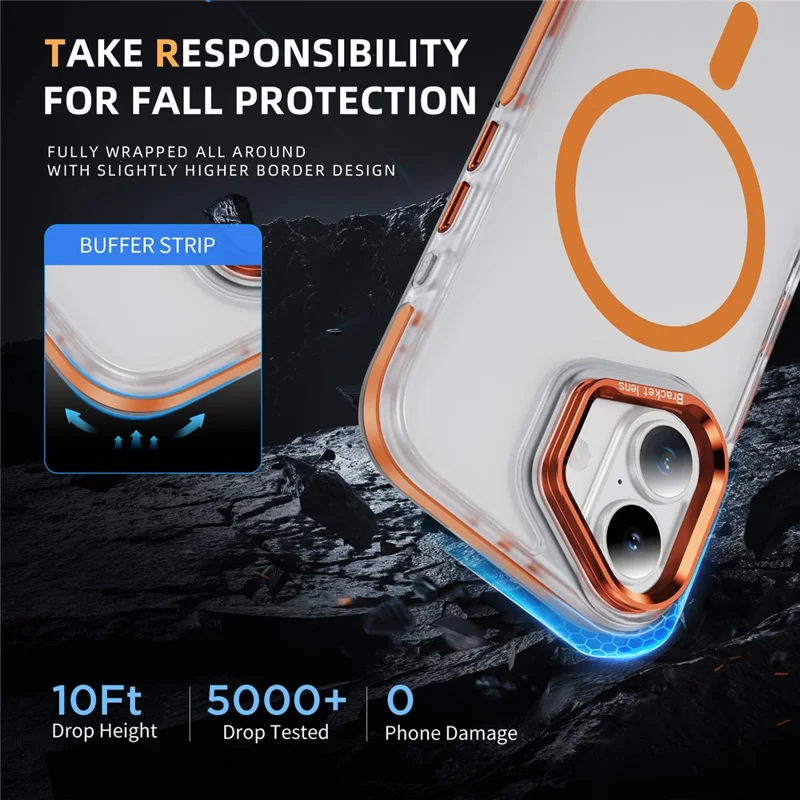 Coque pour iPhone 17 Compatible avec MagSafe Cadre métallique d'objectif Support intégré Toucher doux comme la peau Coque en acrylique TPU - Orange