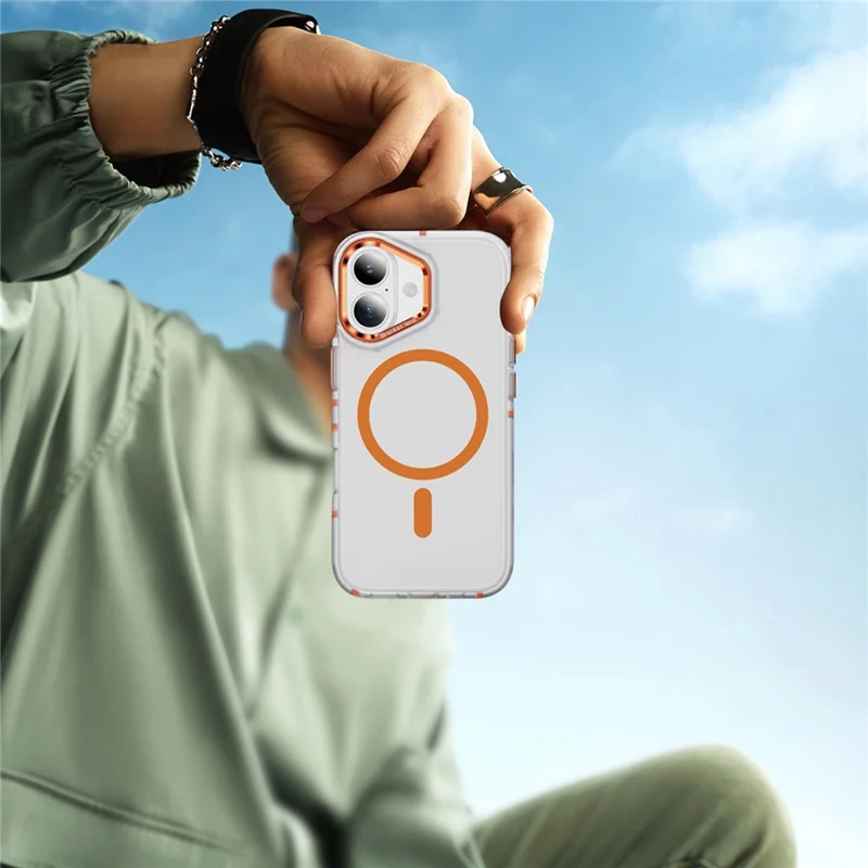 Coque pour iPhone 17 Compatible avec MagSafe Cadre métallique d'objectif Support intégré Toucher doux comme la peau Coque en acrylique TPU - Orange