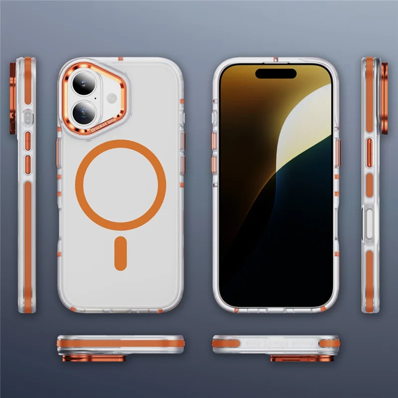 Coque pour iPhone 17 Compatible avec MagSafe Cadre métallique d'objectif Support intégré Toucher doux comme la peau Coque en acrylique TPU - Orange