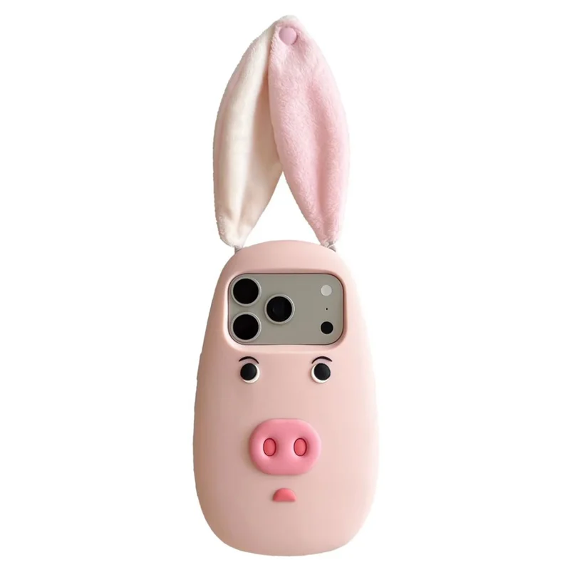 For iPhone 17 Pro Silicone Case Cute 3D Cartoon Pig Face Plush Cloth Ears Shockproof Phone Back Cover - Pink