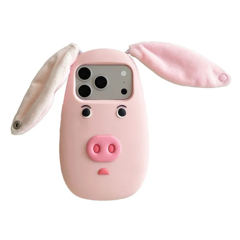 For iPhone 17 Pro Silicone Case Cute 3D Cartoon Pig Face Plush Cloth Ears Shockproof Phone Back Cover - Pink