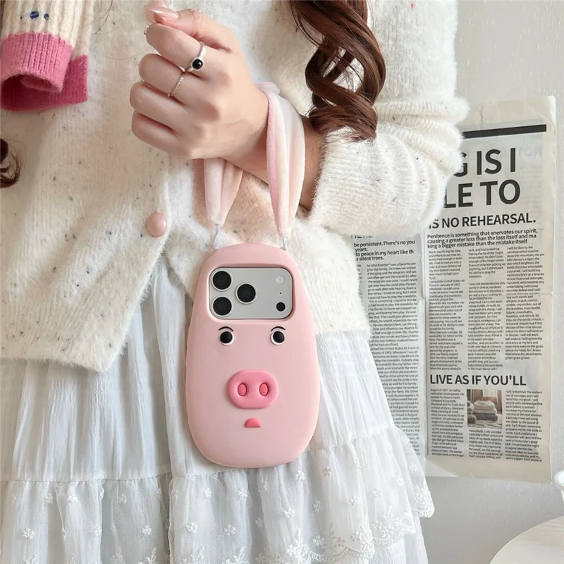 For iPhone 17 Pro Silicone Case Cute 3D Cartoon Pig Face Plush Cloth Ears Shockproof Phone Back Cover - Pink