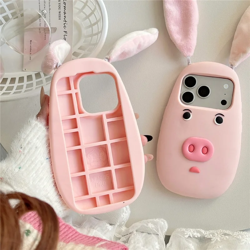 For iPhone 17 Pro Silicone Case Cute 3D Cartoon Pig Face Plush Cloth Ears Shockproof Phone Back Cover - Pink