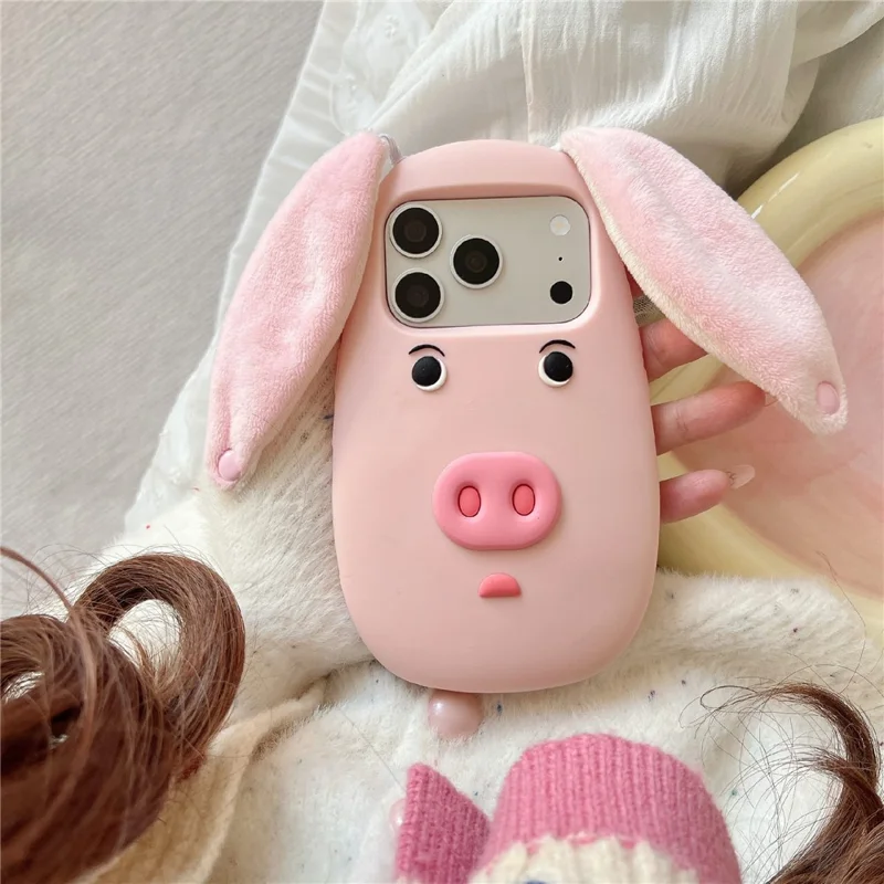 For iPhone 17 Pro Silicone Case Cute 3D Cartoon Pig Face Plush Cloth Ears Shockproof Phone Back Cover - Pink