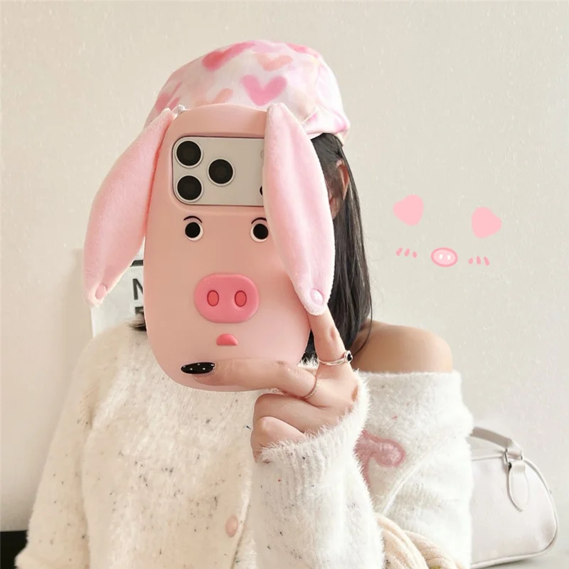 For iPhone 17 Pro Silicone Case Cute 3D Cartoon Pig Face Plush Cloth Ears Shockproof Phone Back Cover - Pink