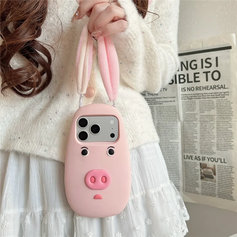 For iPhone 17 Pro Max Silicone Case Cute 3D Cartoon Pig Face Plush Cloth Ears Shockproof Phone Back Cover - Pink