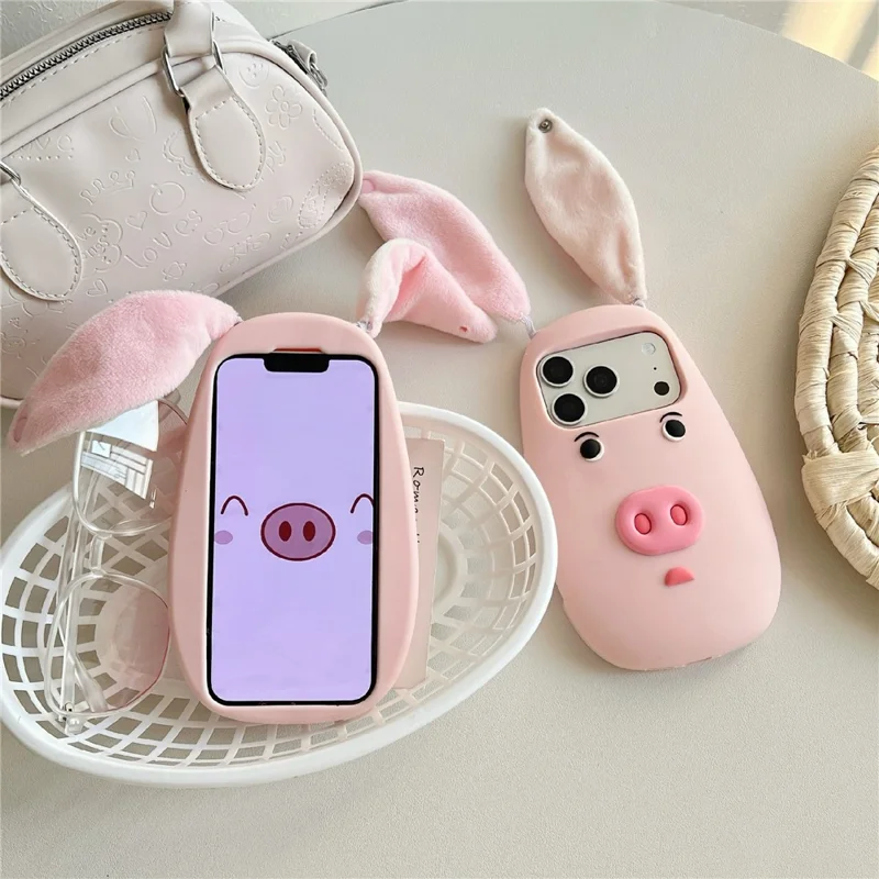 For iPhone 17 Pro Max Silicone Case Cute 3D Cartoon Pig Face Plush Cloth Ears Shockproof Phone Back Cover - Pink