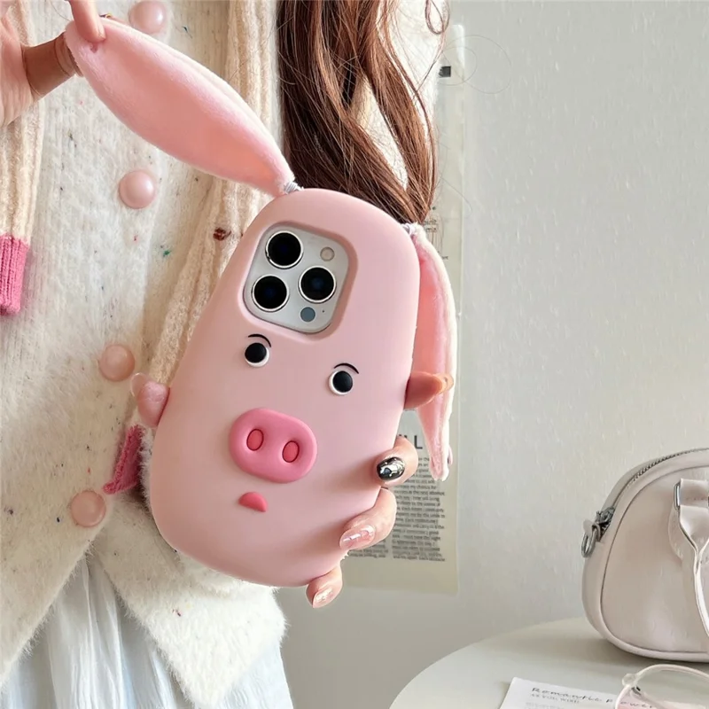 For iPhone 17 Pro Max Silicone Case Cute 3D Cartoon Pig Face Plush Cloth Ears Shockproof Phone Back Cover - Pink
