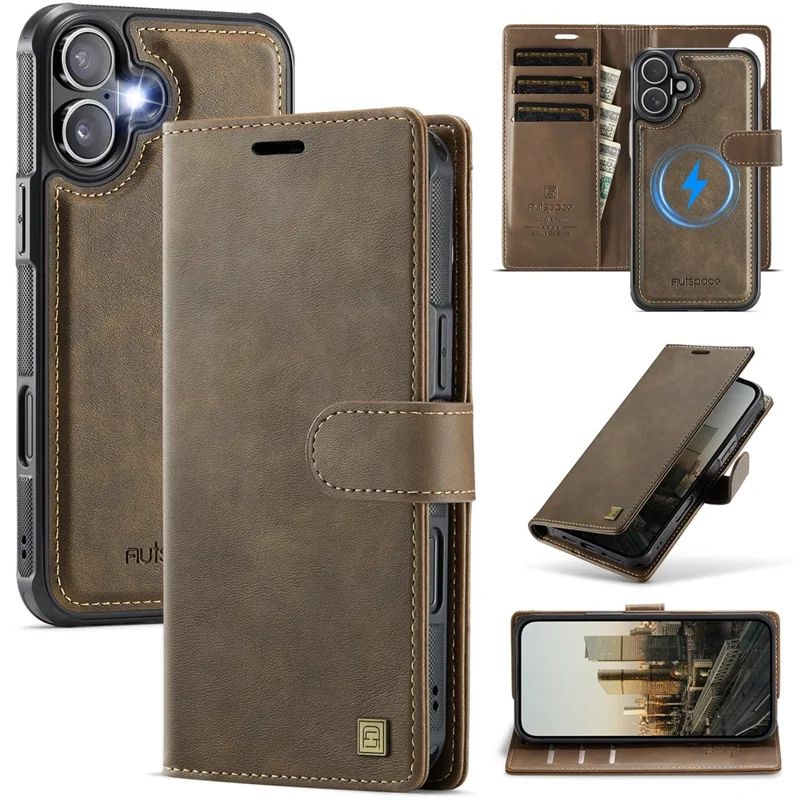 AUTSPACE A05 For iPhone 17 Case Wallet Stand Detachable Leather Magnetic Phone Cover - Coffee