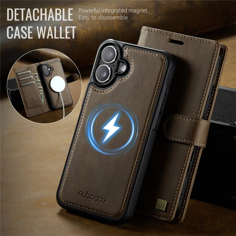 AUTSPACE A05 For iPhone 17 Case Wallet Stand Detachable Leather Magnetic Phone Cover - Coffee