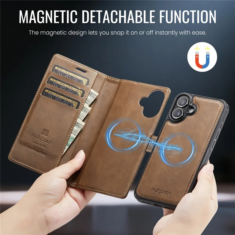 AUTSPACE A05 For iPhone 17 Case Wallet Stand Detachable Leather Magnetic Phone Cover - Coffee