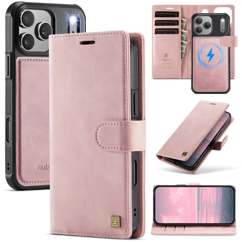 AUTSPACE A05 For iPhone 17 Pro Case Wallet Stand Detachable Leather Magnetic Phone Cover - Pink